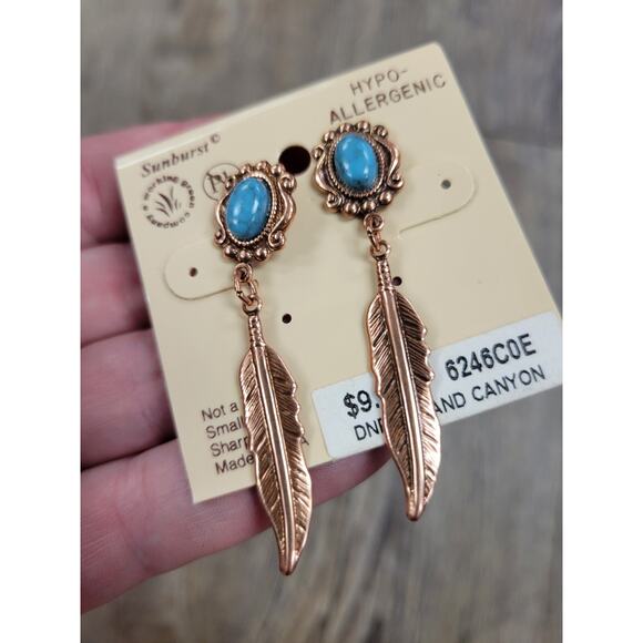 Grand Canyon Copper Feather Turquoise Long Drop Earrings NEW Made in USA - Picture 2 of 4